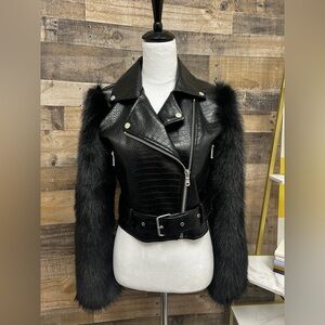 Avec Les Filles Textured Faux Leather Faux Fur Mix Biker Jacket
